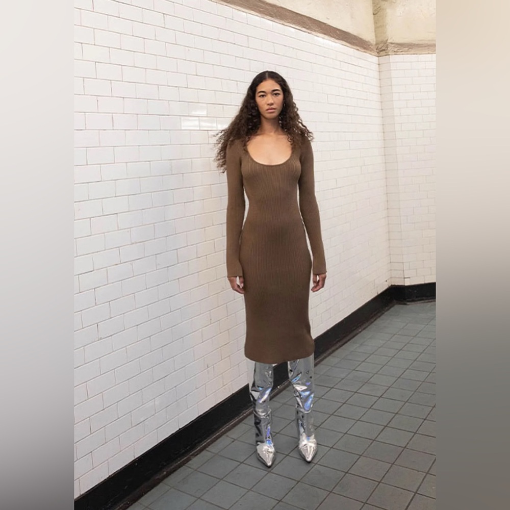 Oak + Fort  Midi Scoop Neck Sweater Dress Size Small French Roasta Brown Knitted